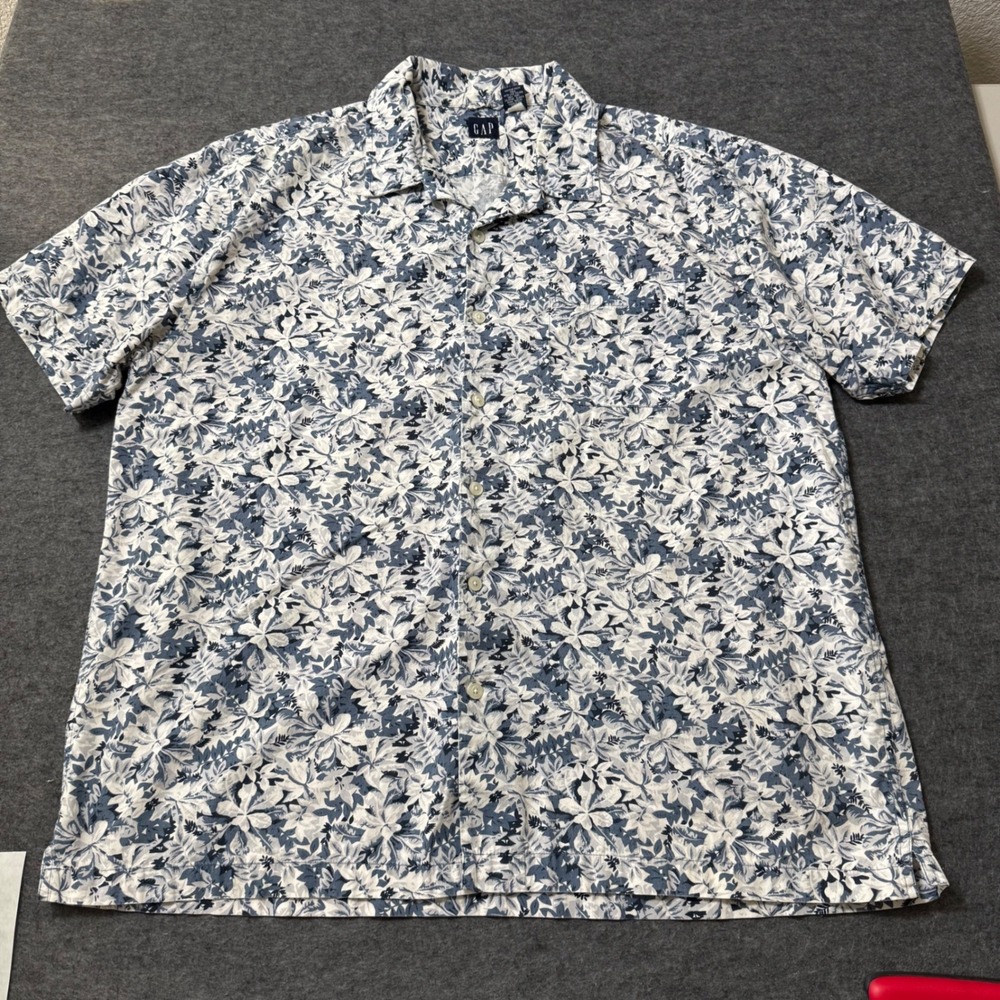 VTG 90s Gap Loop Collar Floral Tropical Cotton Button Down Shirt Blue Mens XL